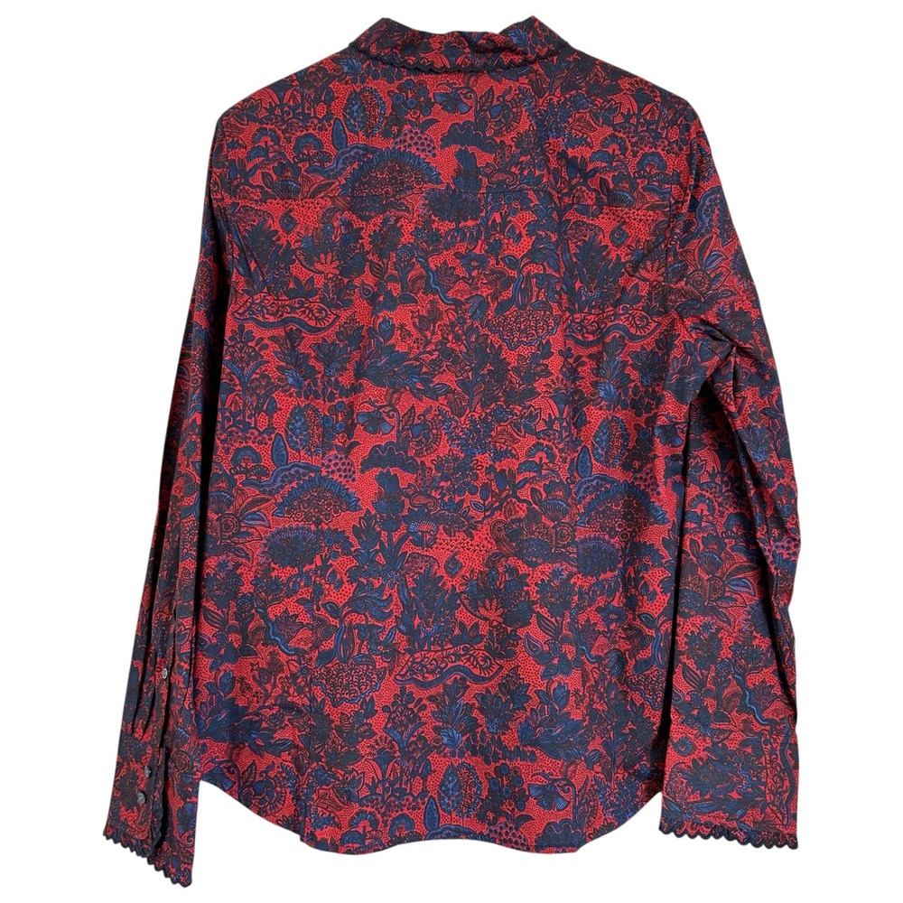 J.Crew Collection Size 16 Shirt Slim Ruffle Scallop Paisley Cotton Red Navy Boho - Picture 2 of 10